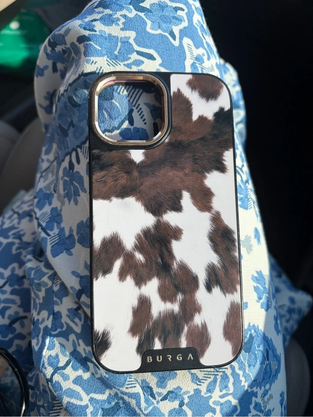 Burga Cowhide Print Phone Case with magnetic Gold Ring iPhone 15